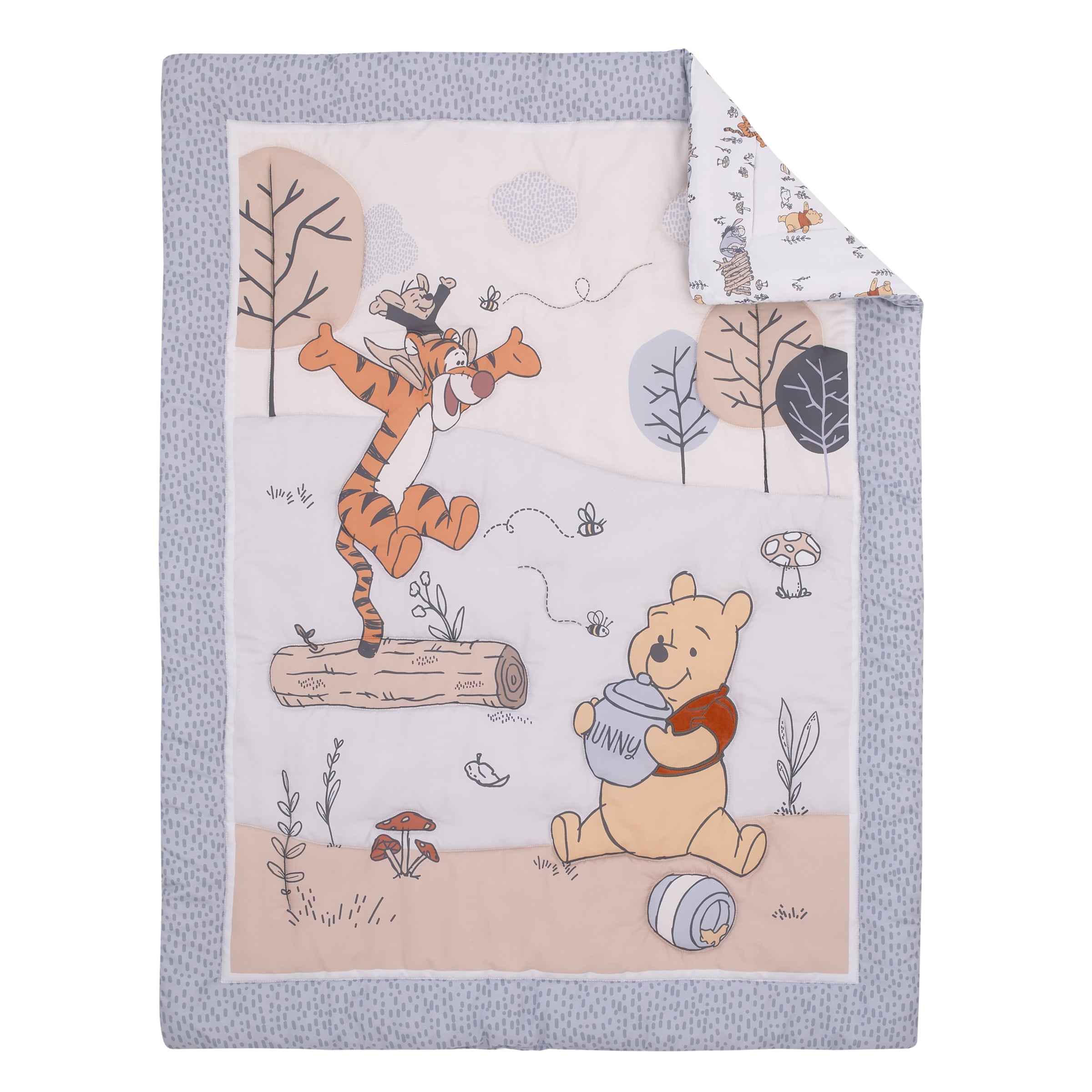 Disney Winnie the Pooh 3-Piece Crib Bedding Set, Gray, Comforter, Fitted Sheet, Blanket, Infant Boy or Girl