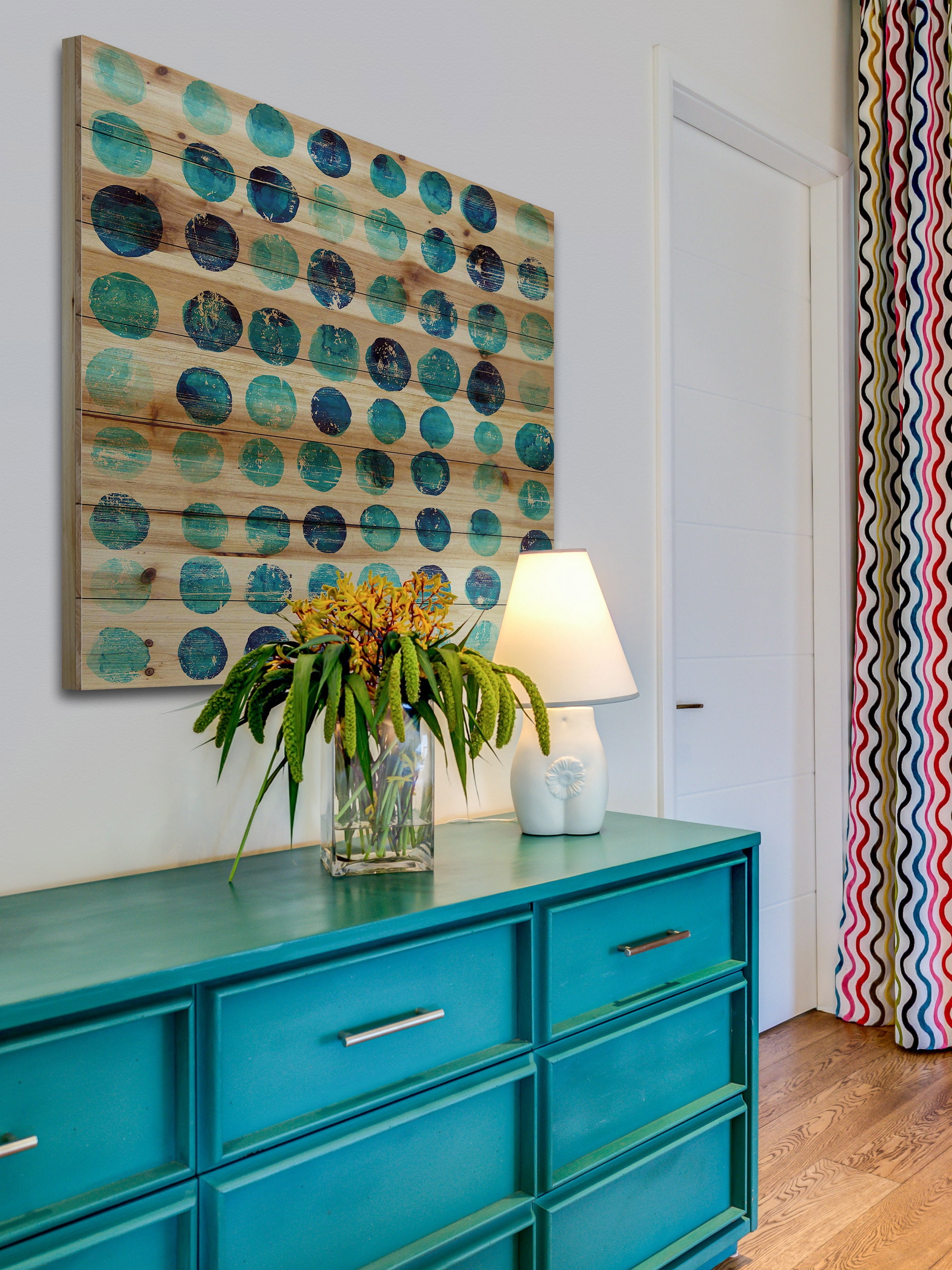 "Blue Dot Stamps" Painting Print on Natural Pine Wood