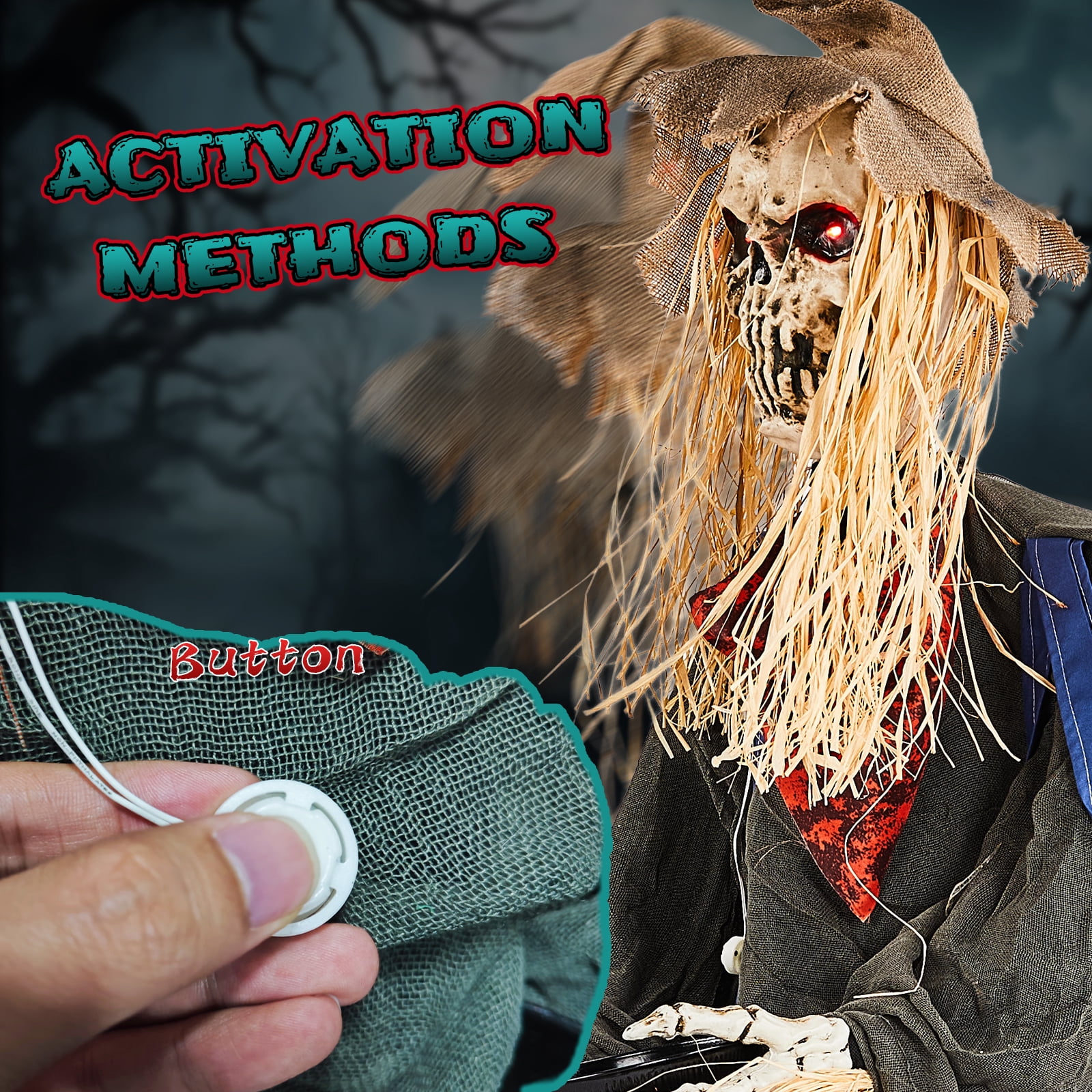 Astoutdoor 4.5 ft Halloween Sitting Scarecrow Decoration with Red Light-Up Eyes, Sound-Activated Head Movement, Male Voice, Detachable Bucket, Battery Operated