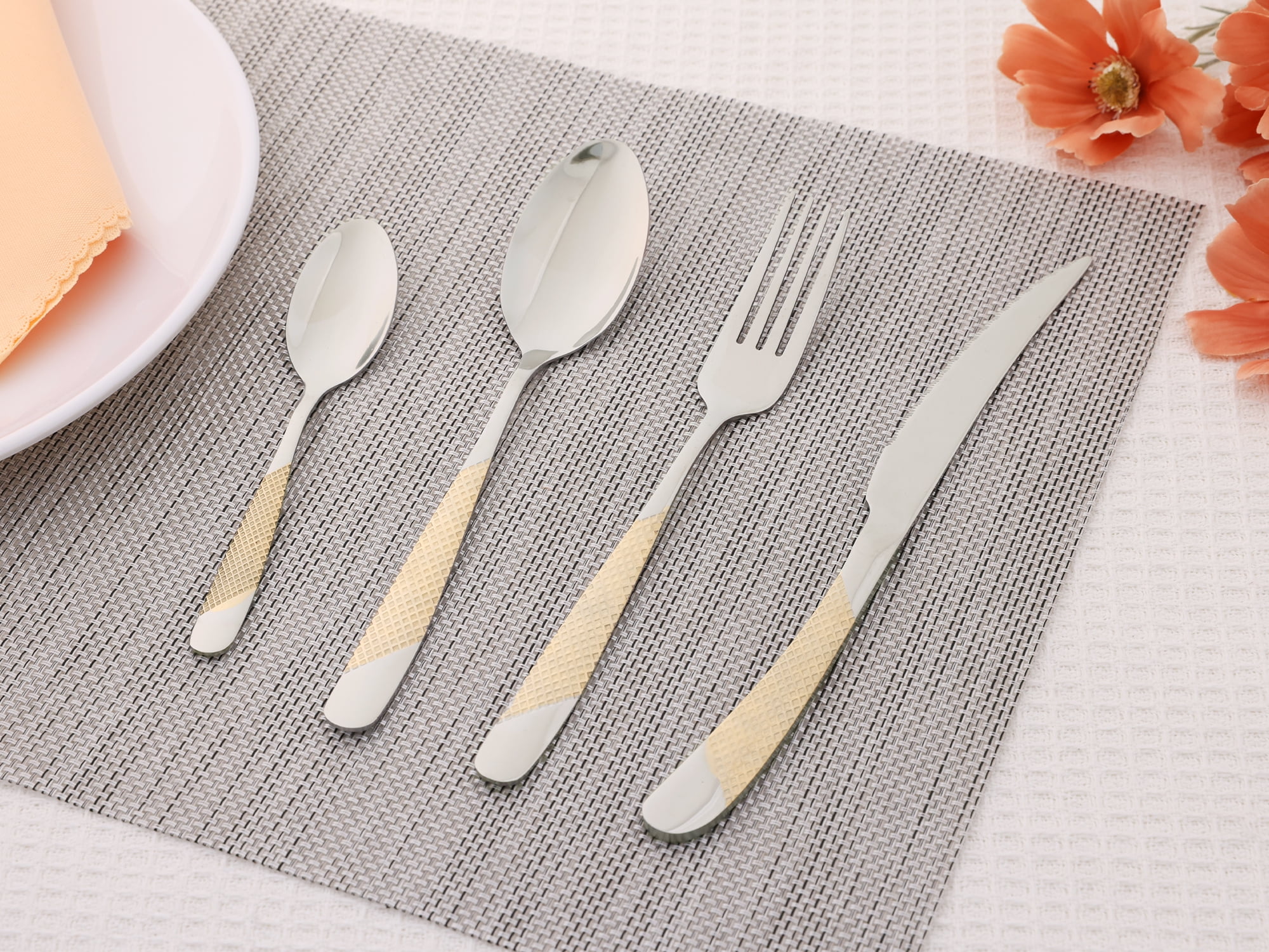 Unique Bargains Stainless Steel Flatware Set Silver Gold 24 Pcs