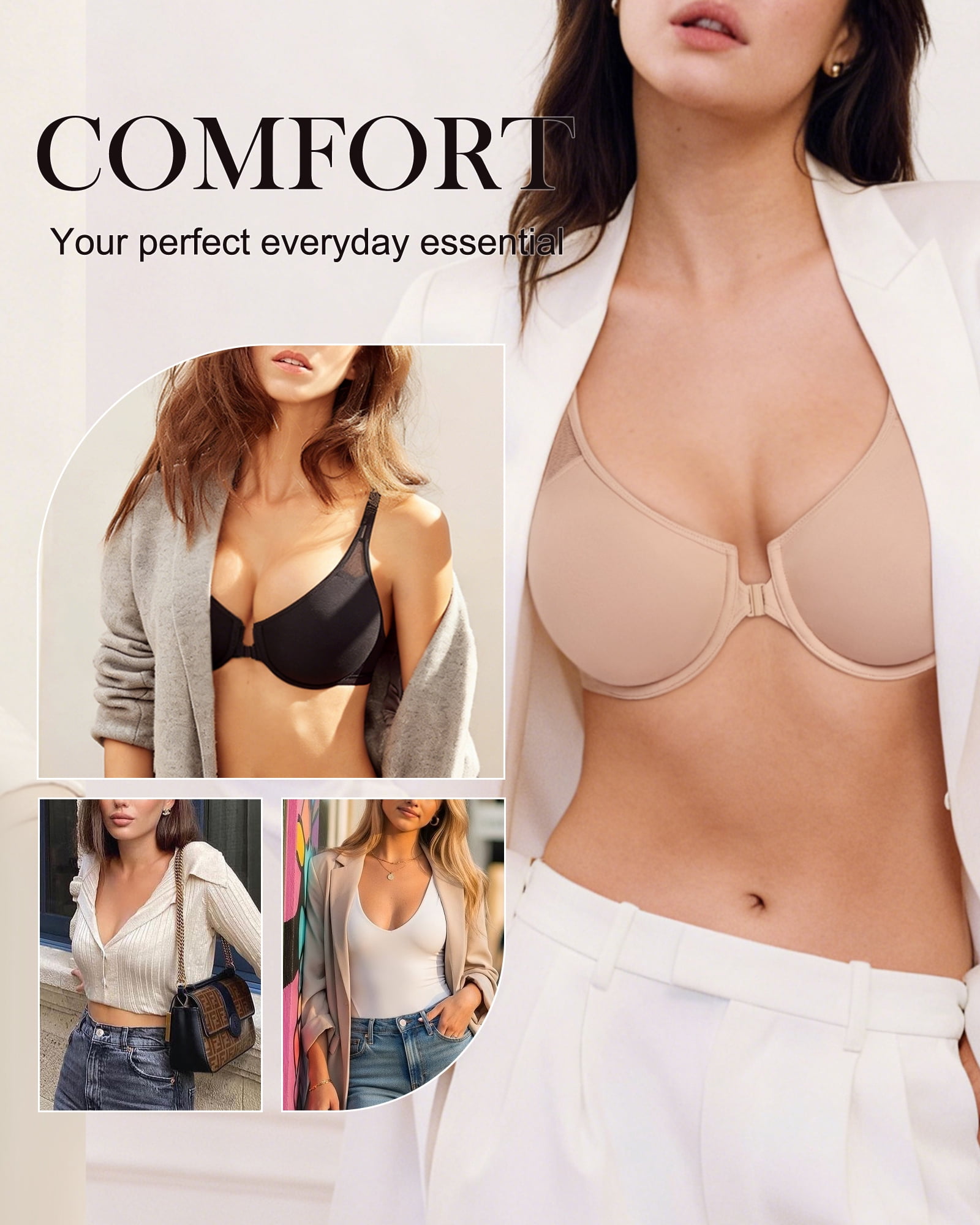 Exerin Women's Front Close Unlined Underwire V-Neck Racerback Bra(40DD,Beige)