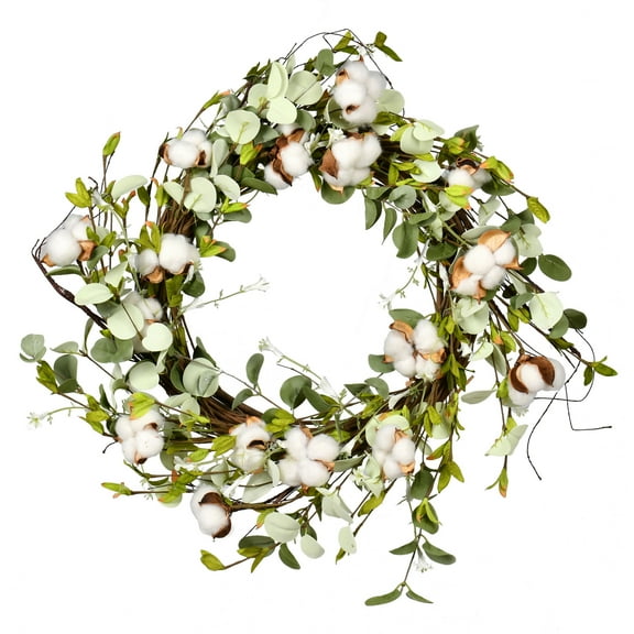 Vickerman 24" Artificial White Cotton Mixed Greenery Wreath.