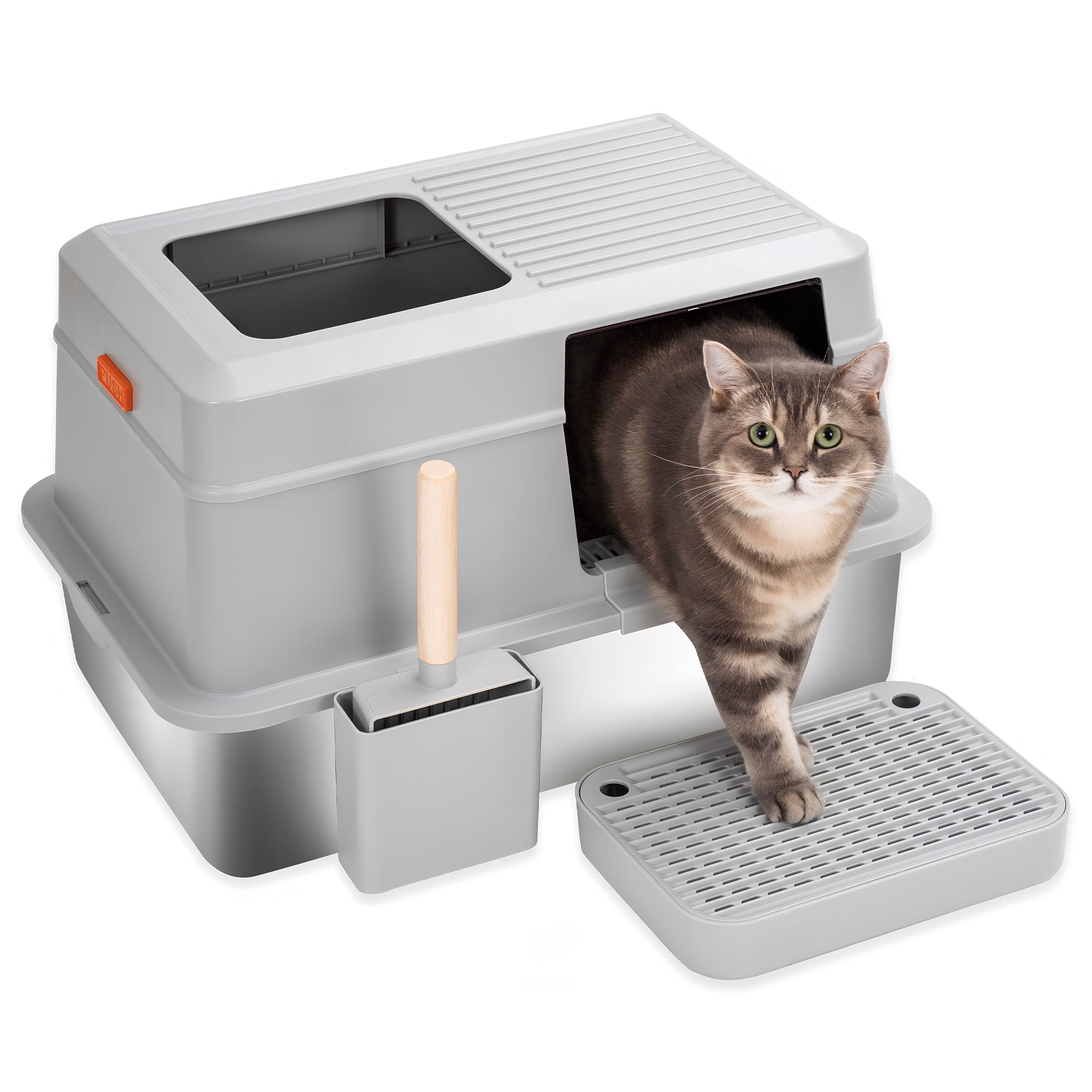 Furrbby Covered Cat Litter Boxes, Large High Side Stainless Litter Box Grey