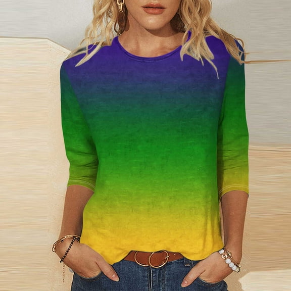 AGWOLF Mardi Gras T-Shirts for Women Cute Purple Green and Gold Gradient Long Sleeve Shirt Happy Mardi Gras Outfits Festival Party Tops