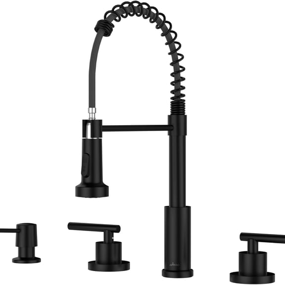 Black Kitchen Faucet with Soap Dispenser, 3 or 4 Hole Kitchen Faucets with Sprayer, Kitchen Sink Faucets, Stainless Steel, High Arc RV Faucet with 2 Mode Spray, Pull Down Faucet for Sink