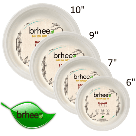 Brheez Disposable Sugarcane Bagasse Plates - Naturally Organic, Eco-friendly Biodegradable & Compostable - Paper & Plastic Alternative - Heavy Duty - 9