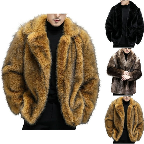 RongHuan Men's Faux Fur Coat Furry Lapel Long Sleeve Outerwear Winter Warm Cardigans Jacket Soild Color Overcoat