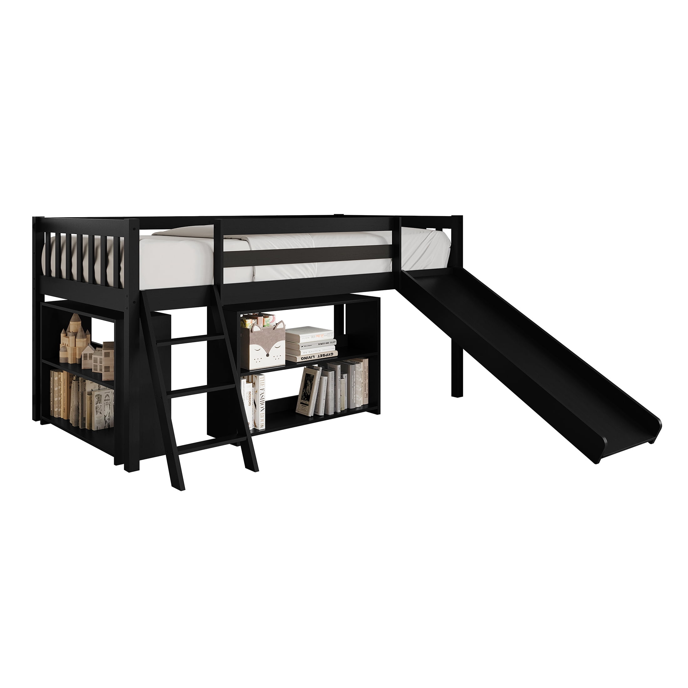 Castle Place Simple Twin Loft Bed with Ladder, Black