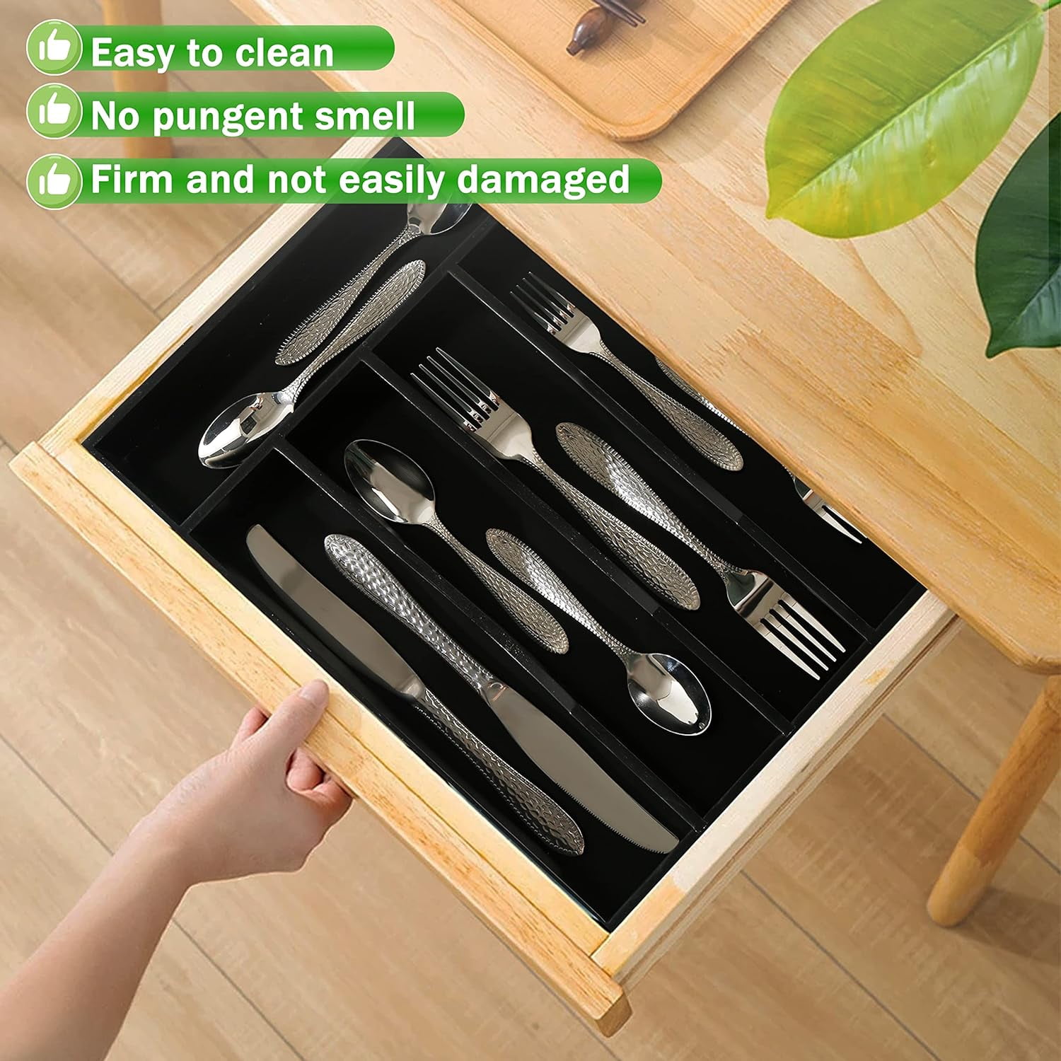 Greenual Black Silverware Organizer 10 In Utensil Tray for Drawer Cutlery Flatware Kitchen Bamboo Wood