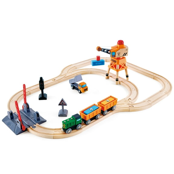 Hape: Crossing & Crane Set - 32pc Wooden Train Cargo Railroad Yard, Magnetic Linking Trains, Crane To Grab & Move Cargo, Accessories, Kids Ages 3 