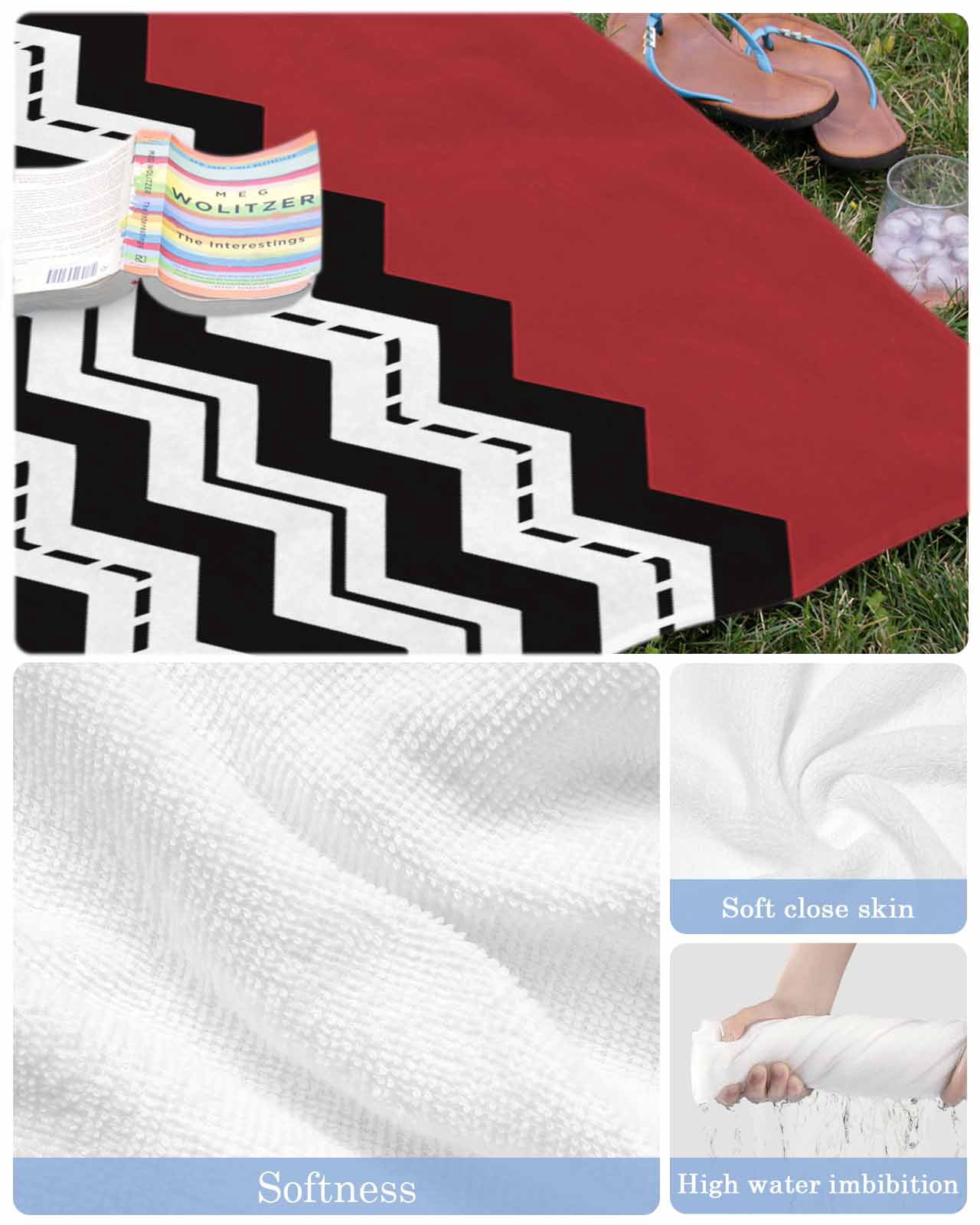 Black White Chevron Beach Towels Oversized Super Absorbent, Geometric Red Sea Wavy Striped Lightweight Bath Towel Quick Dry Sets For Bathroom/Pool/Rv Camping/Beach Play/Gym Room/Picnic 23"x47"