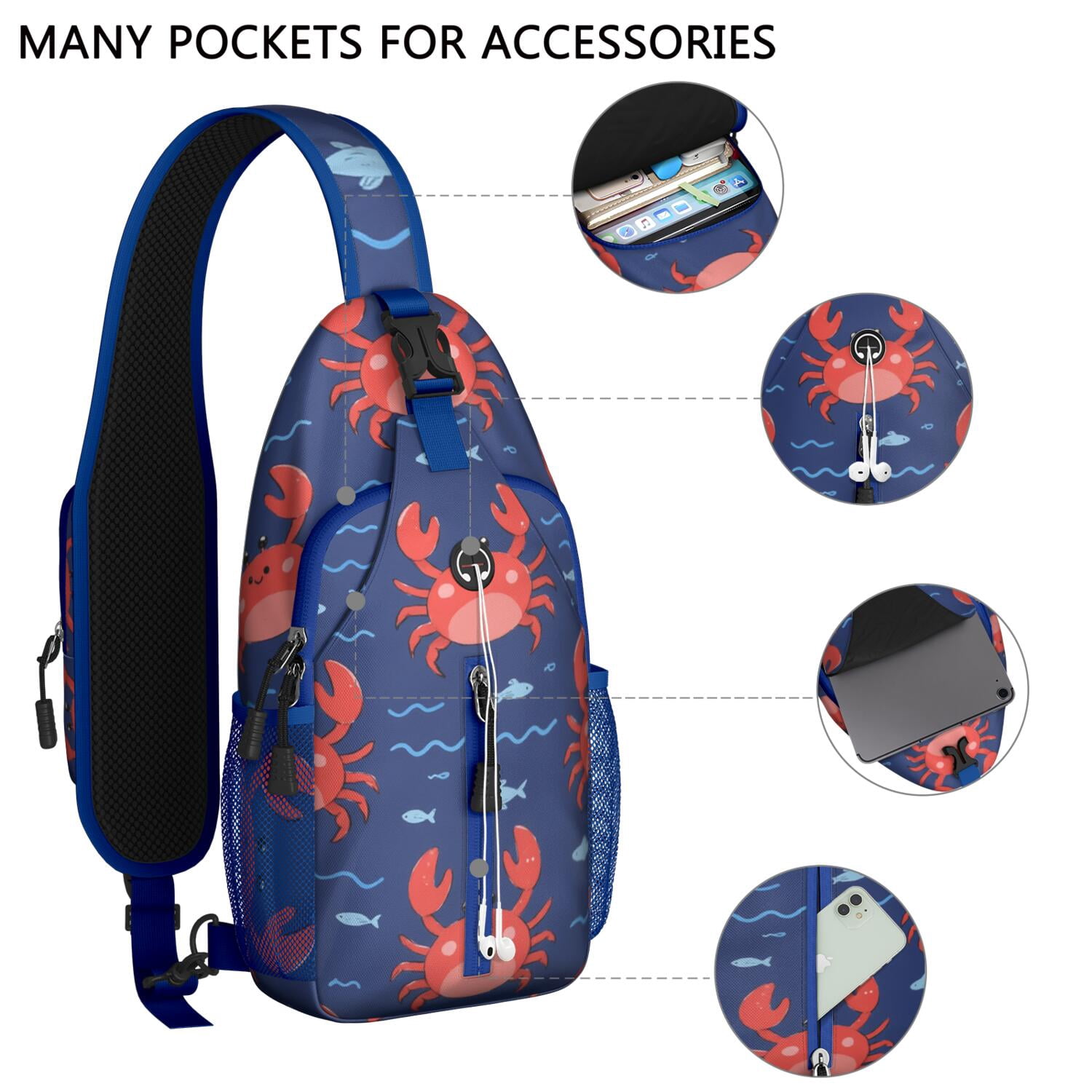 Crab Marine Crossbody Sling Bag for Women Men Hiking Sling Backpack Hiking Bag for Outdoor Activities Gym Small Travel Backpack Trendy Sling Backpack