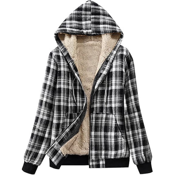 Womens Fleece Lined Flannel Jacket Winter Warm Zip up Hooded Plaid Shacket with Pockets White L