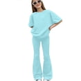 thumbnail image 4 of YMNXA Kids Girls Two Piece Outfit Short Sleeve Round Neck Solid Color Top And Flared Pants Fashion Breathable Sets For Everyday Wear,Green,7-8 Years, 4 of 4