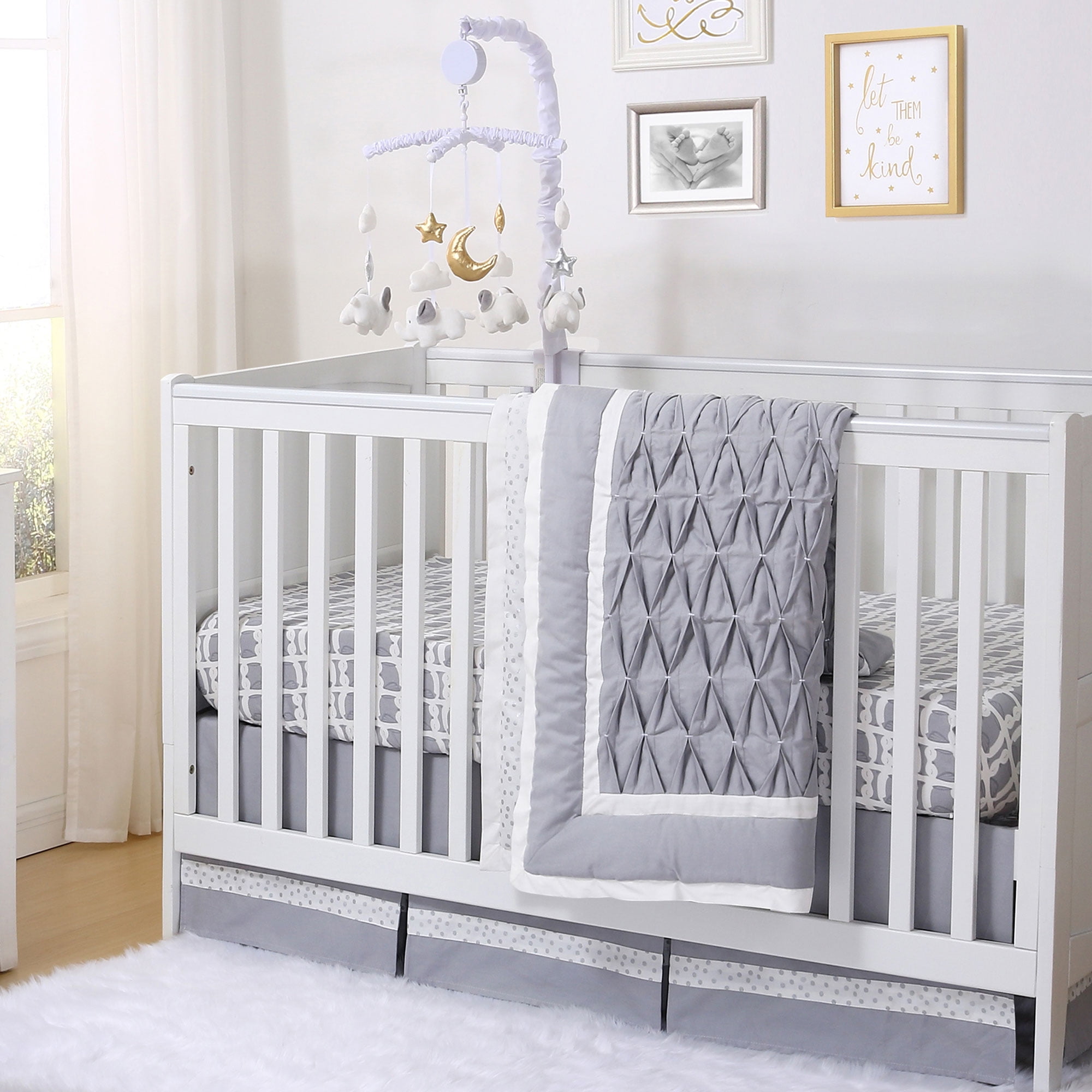 Grey Owl and Silver Dot Pleated 4 Piece Crib Bedding Set ...