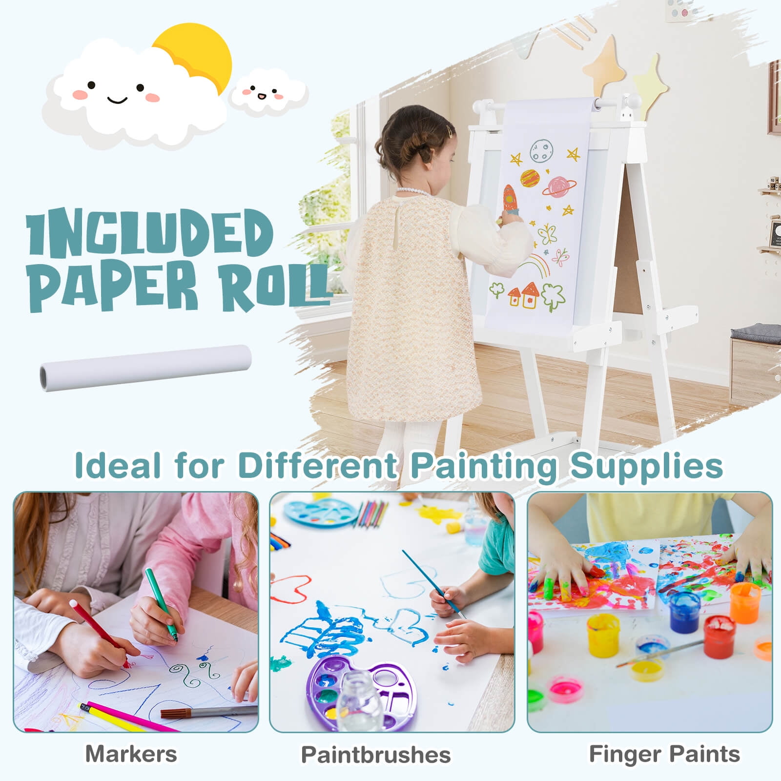Costway Foldable Easel for Kids 3-in-1 Double-sided Art Easel with Chalkboard White