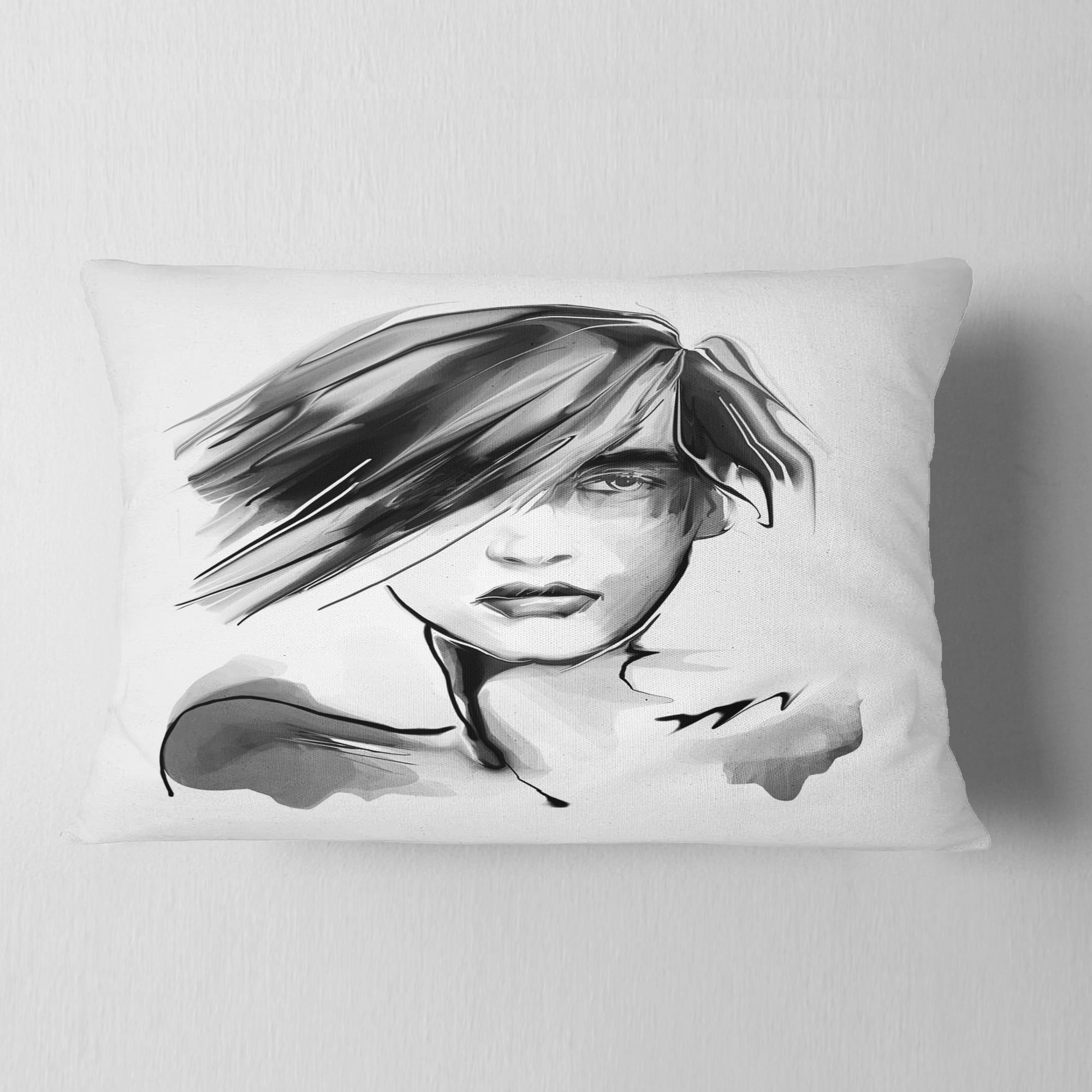 Designart Young Woman Black White - Abstract Portrait Throw Pillow - 12x20