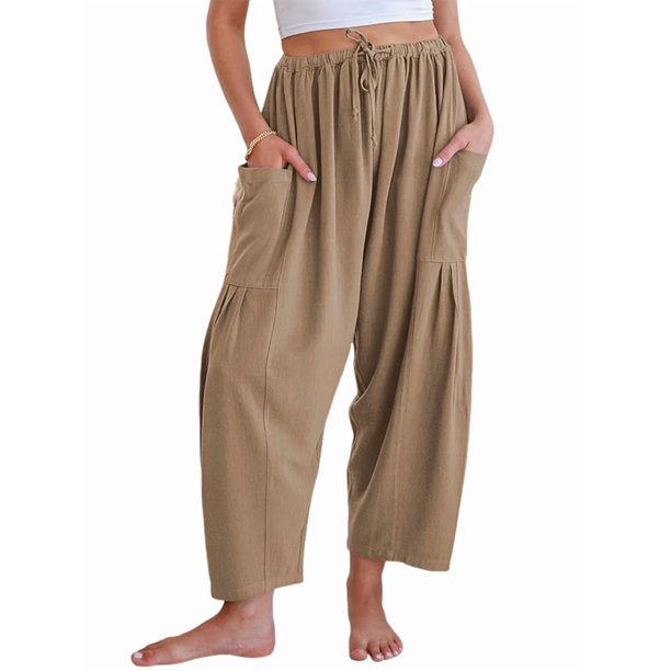Pantalones Palazzo Harem Informales Holgados con Cordón para Mujer, para Verano, Playa, Viajes, Vacaciones, con Bolsillos. Caqui S
