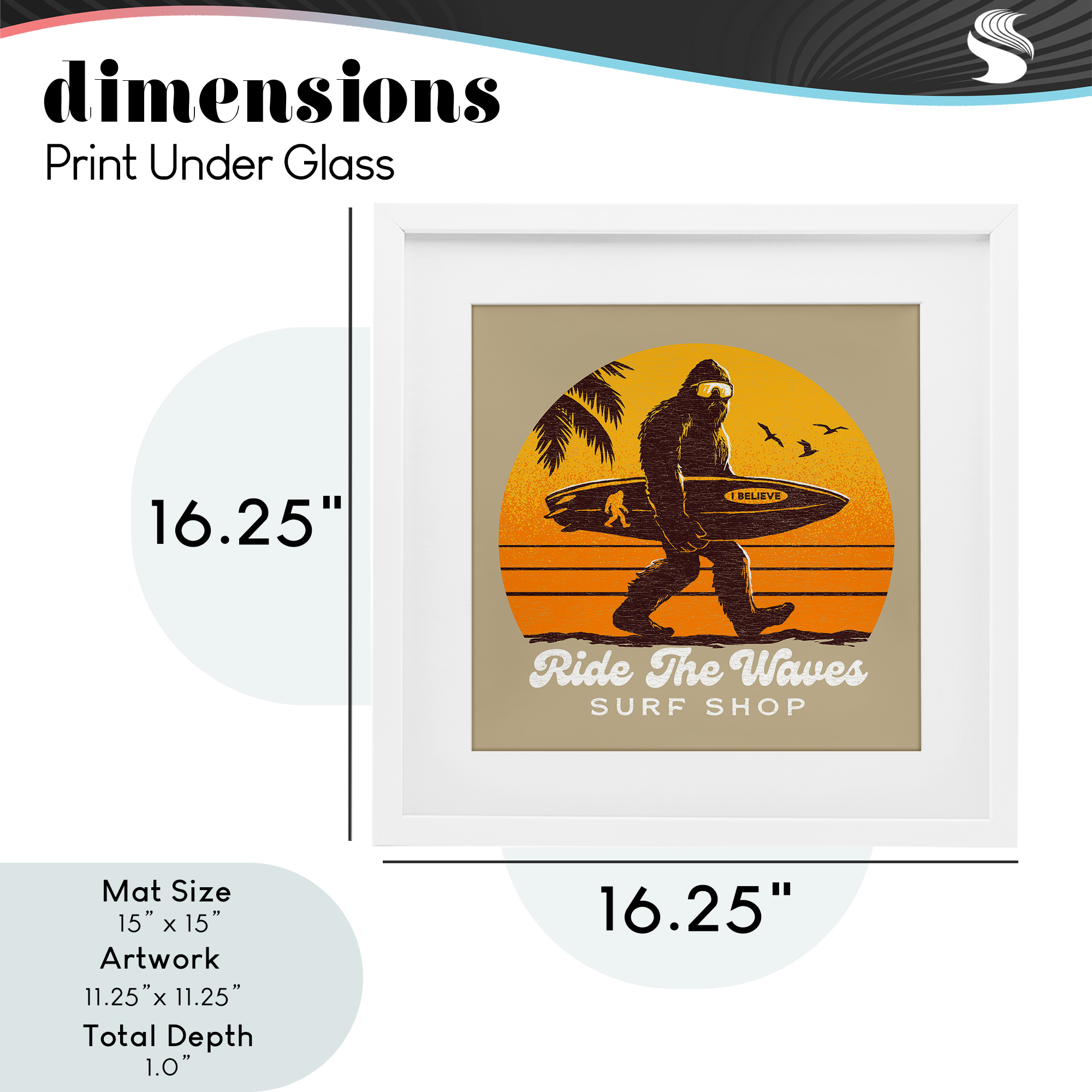 Ride The Waves Surf Shop White Framed Print Under Glass, design by Jedco Brands Inc.