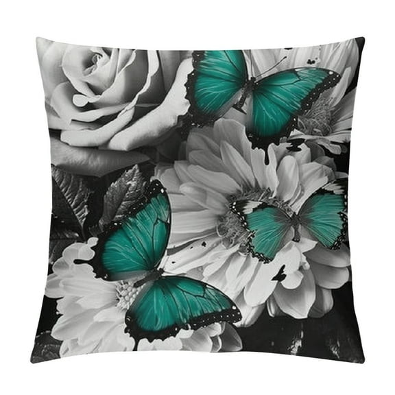 PRATYUS Flower Throw Pillow Covers Teal Gray Decorative Couch Pillow Covers Sofa Bed Square Floral Summer Outdoor Pillow Covers Turquoise Rose Farmhouse Pillow Cases 12x12in