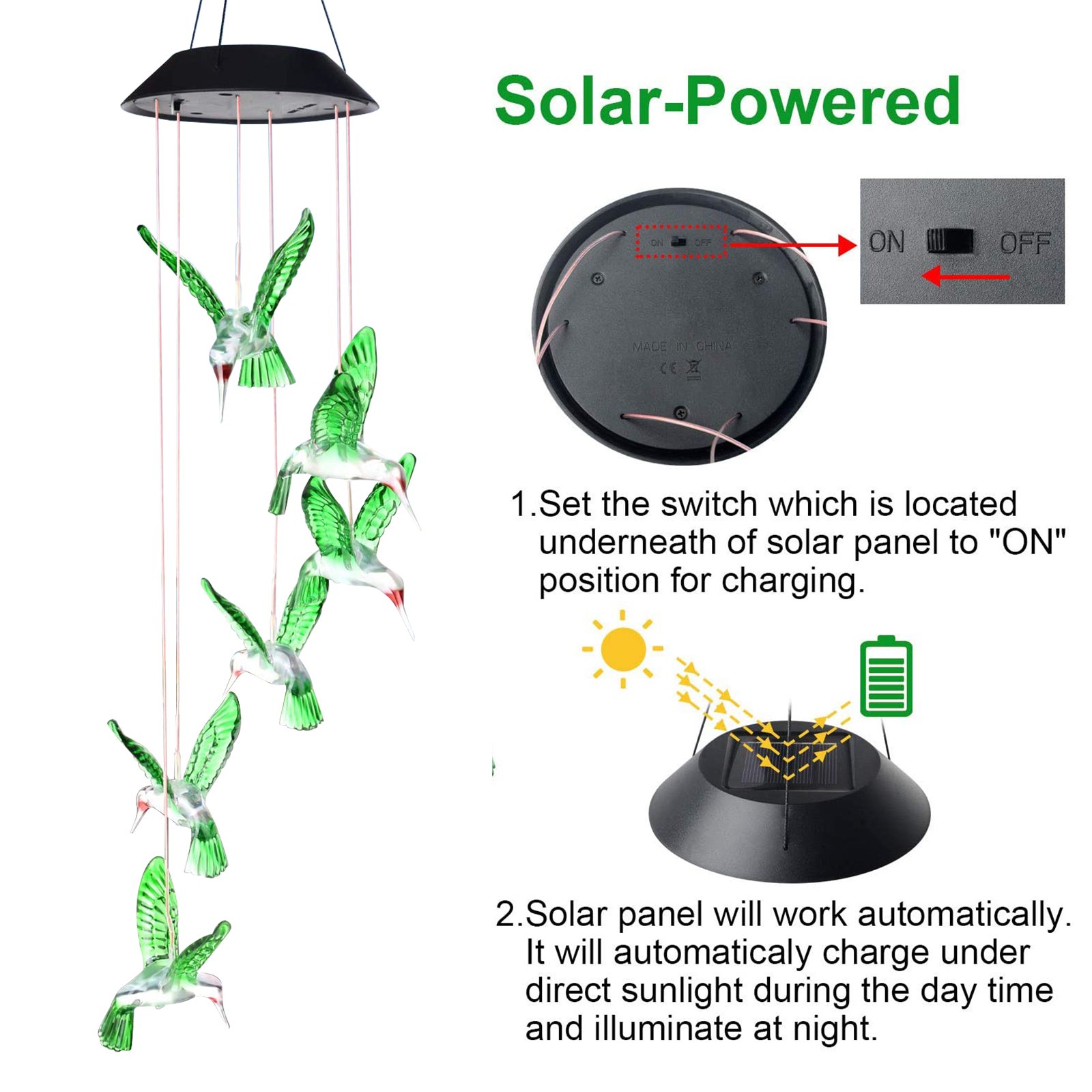 QiShi Solar Hummingbird Wind Chime with Color-Changing LED Light photo 2