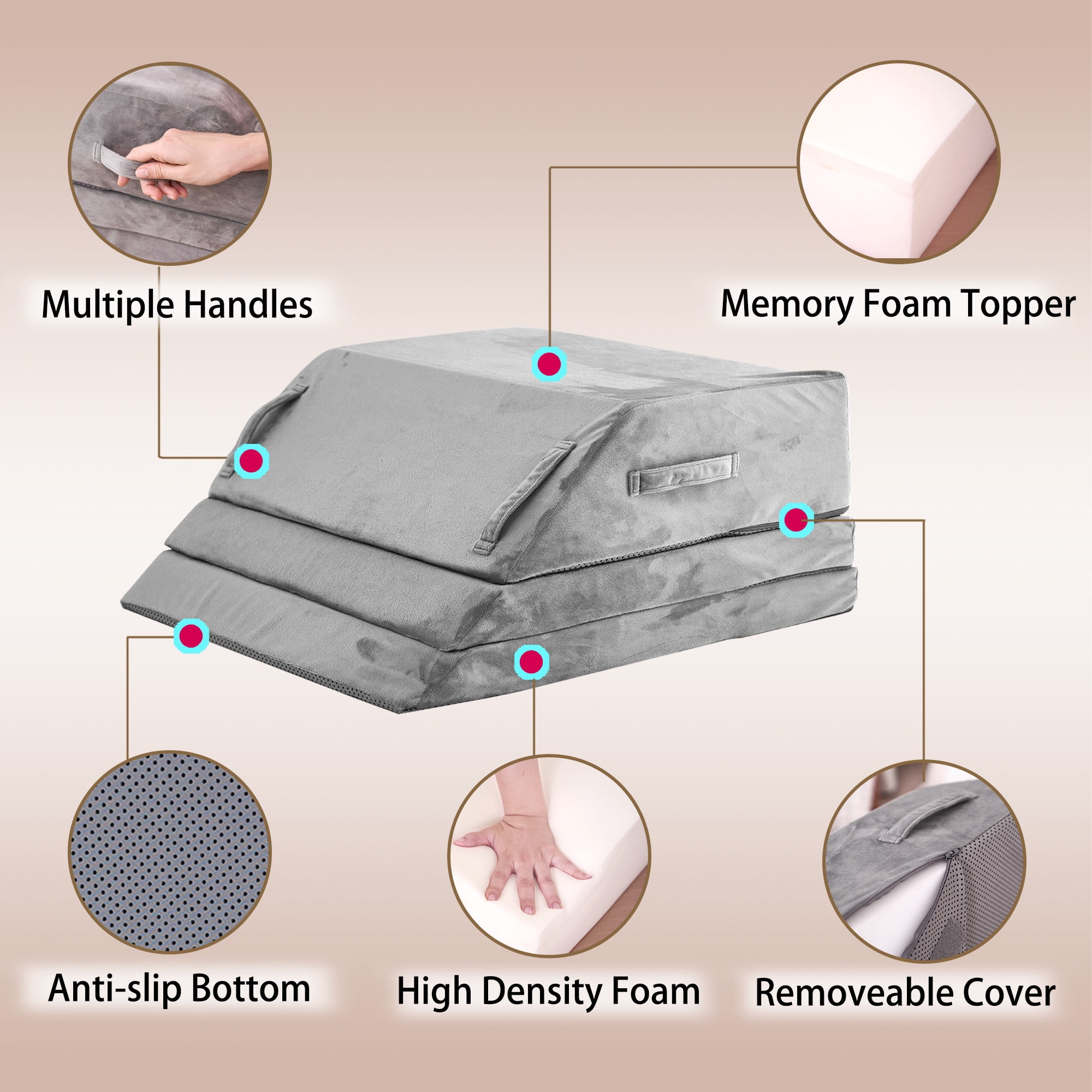 Jakoola Adjustable Leg Elevation Pillow, 2/3/4-Layer Detachable Wedge Pillow for Leg,Post Surgery Recovery, Swelling Relief, Blood Circulation and Pain Relief, Sleeping Daily Rest,Grey Velvet