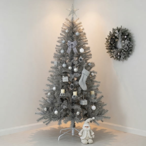 Resenkos 7-Ft Pre-Lit Artificial Christmas Tree - Warm White LED Lights, Silver
