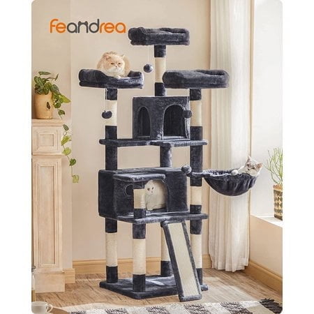 66.5" Cat Tree Large Cat Tower Cat Condo with Scratching Posts Board 2 Caves 3 Plush Perches Smoky Gray