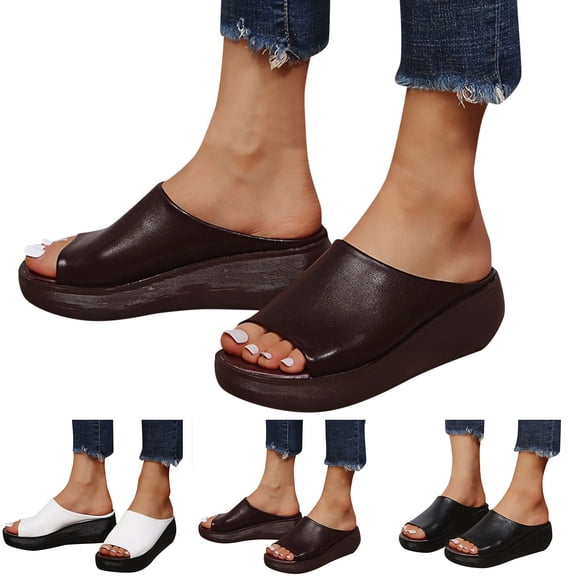 Modstep Orthopedic Sandals for Women 2026 Summer Comfortable Leather Wedges Slides Platform Heel Arch Support Slip on Sandal Black 6.5