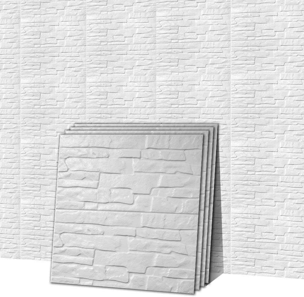 20 PCS Tiles PE Foam 8MM Thickness, White Stone 3D Wall Panels Peel and
