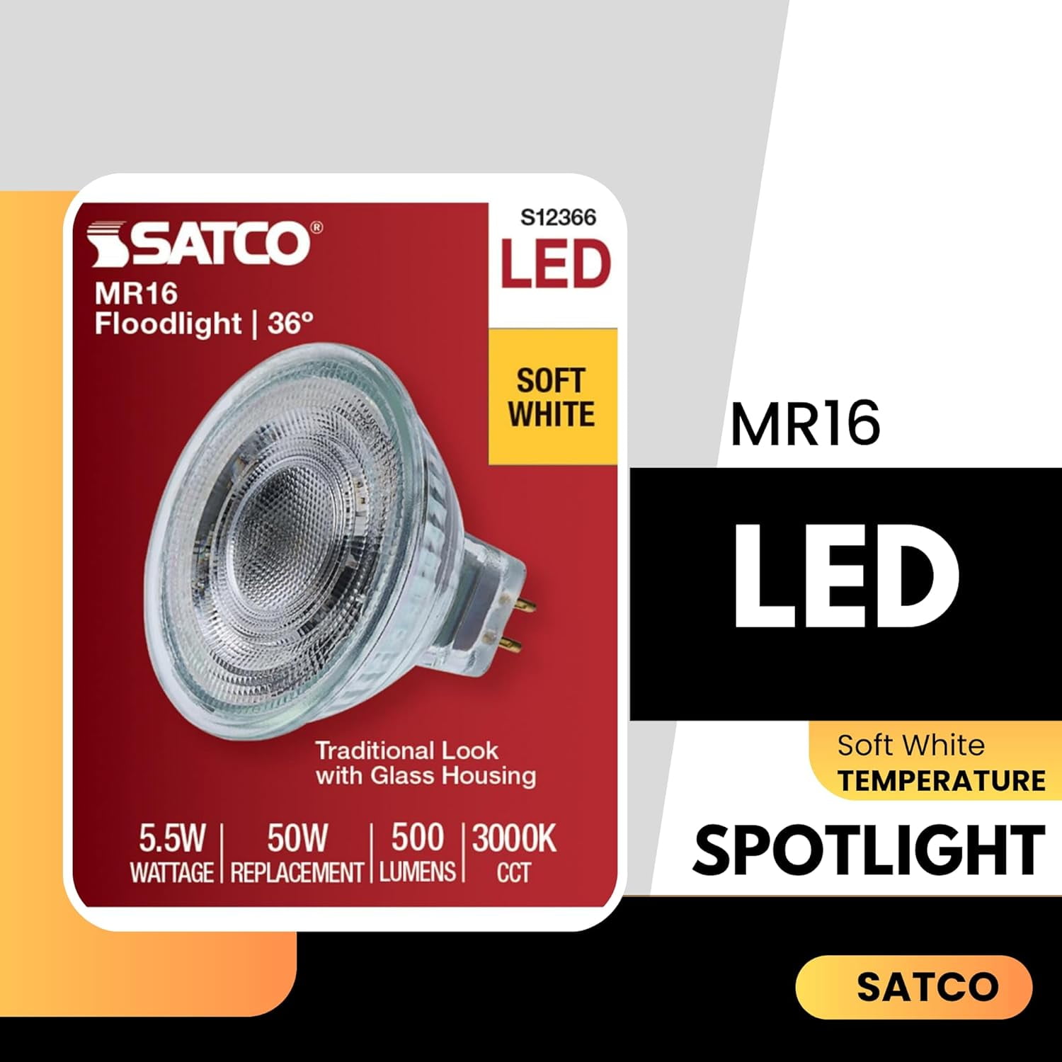 Satco S12366 MR16 LED Flood Light Bulbs 12V 5.5W 3000K GU5.3 Base Dimmable (12 Pack)
