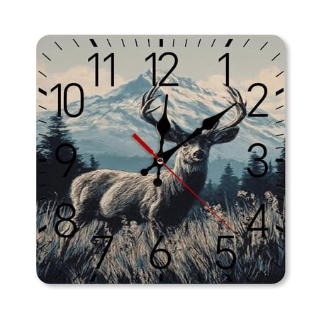 RKSupls 10×10inch Square Silent Wall Clock Wooden Frame, Deer Mountains Forest Scale Decorative Clock for Home Bedroom Living Room Office
