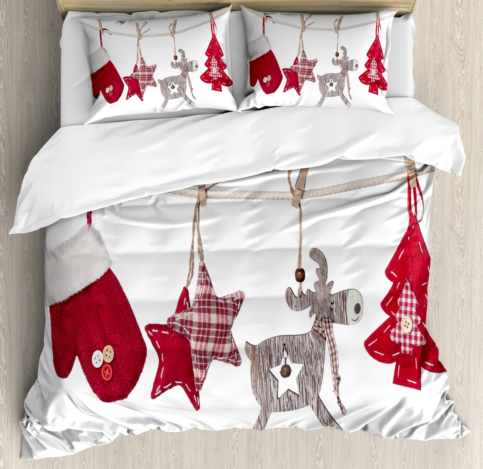Duvet Cover Set Traditional Xmas Celebration Items Duvet Cover Set Traditional Xmas Celebration Items Hanging From Rope With Clothespins Retro Decorative Bedding Pillow Shams Red Cream