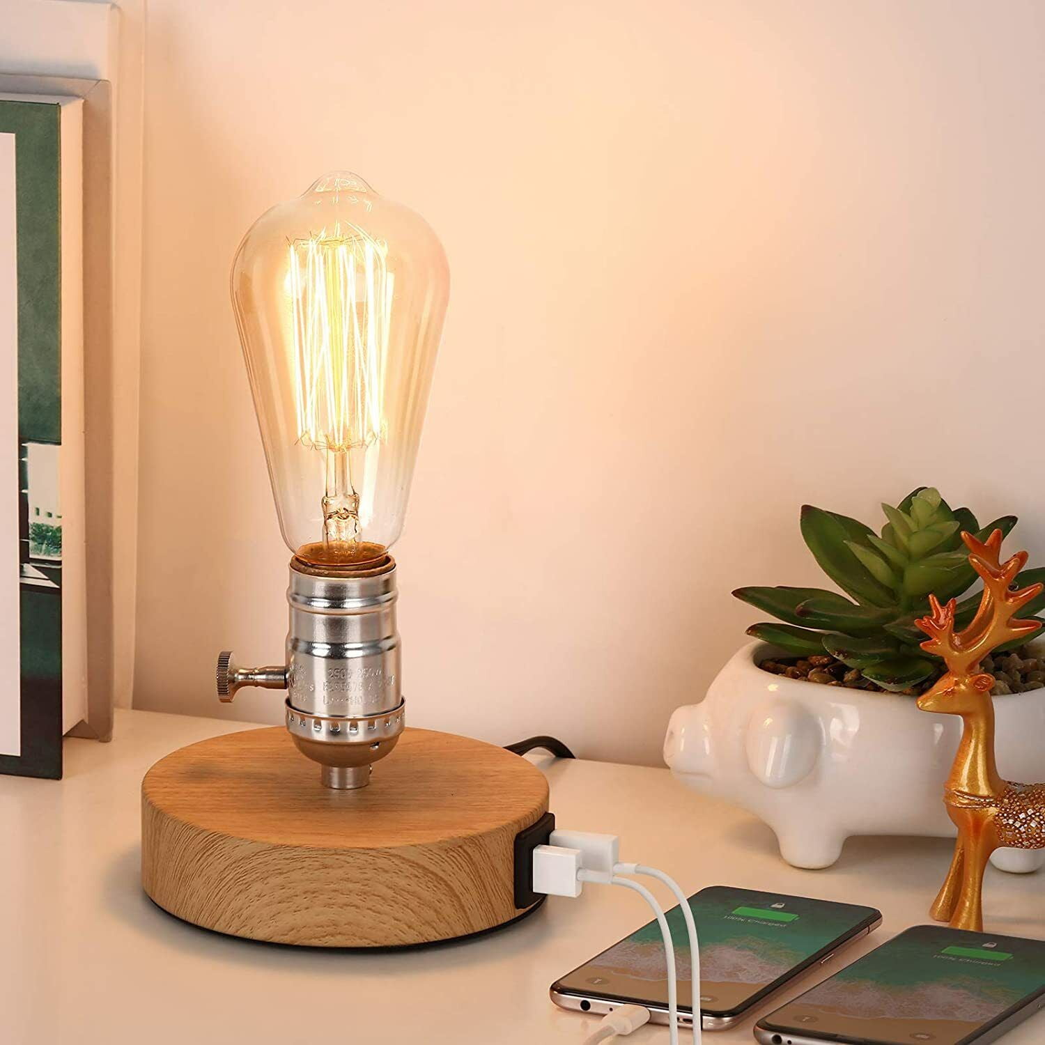 Small Industrial Table Lamp with 2 USB Port Wooden Base for Bedroom