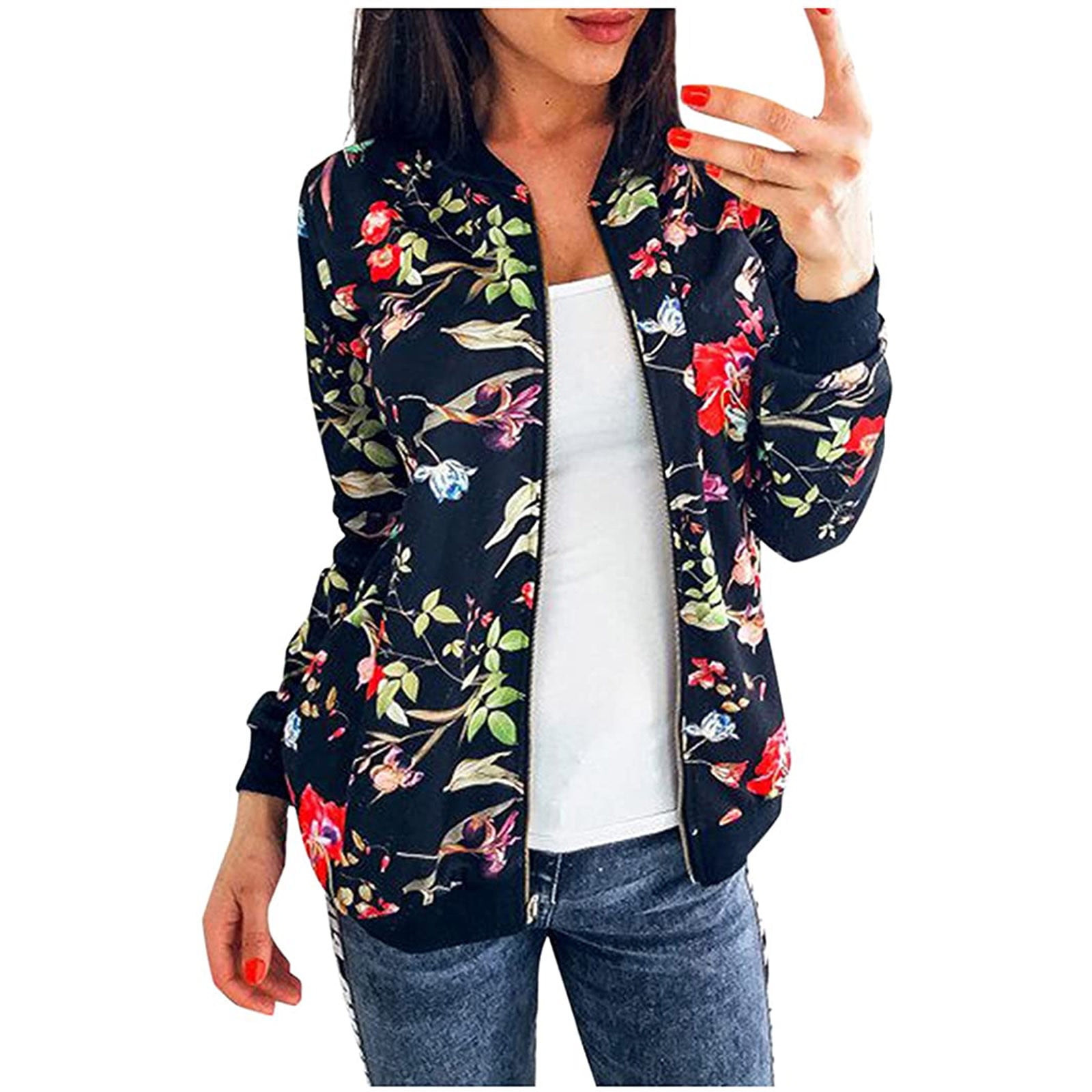 Dptalr Women Bomber Jacket Thin Summer Top Transitioned Coat Zip Standup Collar Outwear Black