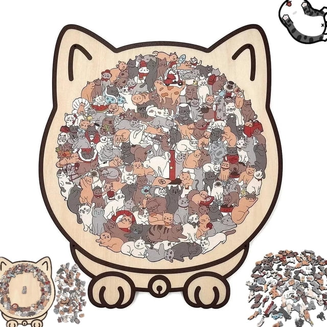 135-Piece Morandi-Colored Cat Shaped Wooden Jigsaw Puzzle, Bonitas Rompecabezas de Madera en Forma de Gato, Animales Rompecabezas para Adultos y Niños, Regalos