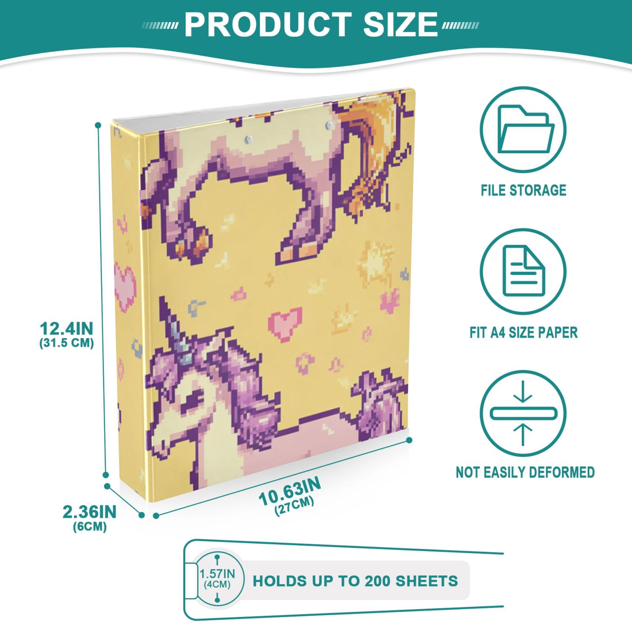 Pixel Unicorns 3 Ring Binders 1.5 inch Hardcover File Folders with Interior Pockets A4 Size Organizer for School Office Hospital