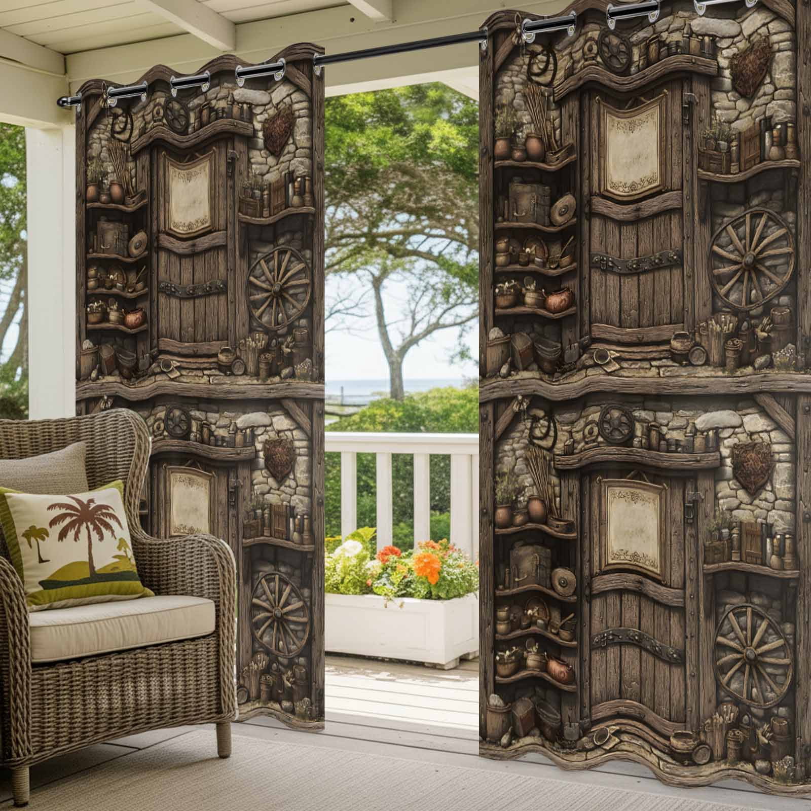 Outdoor Curtains for Patio Waterproof, Farmhouse Wooden Windproof Pravicy Outside Porch Blackout Curtain, Old Vintage Antique Time Cottage Scene Sun Blocking Grommets Curtains for Cabana 54"x108"