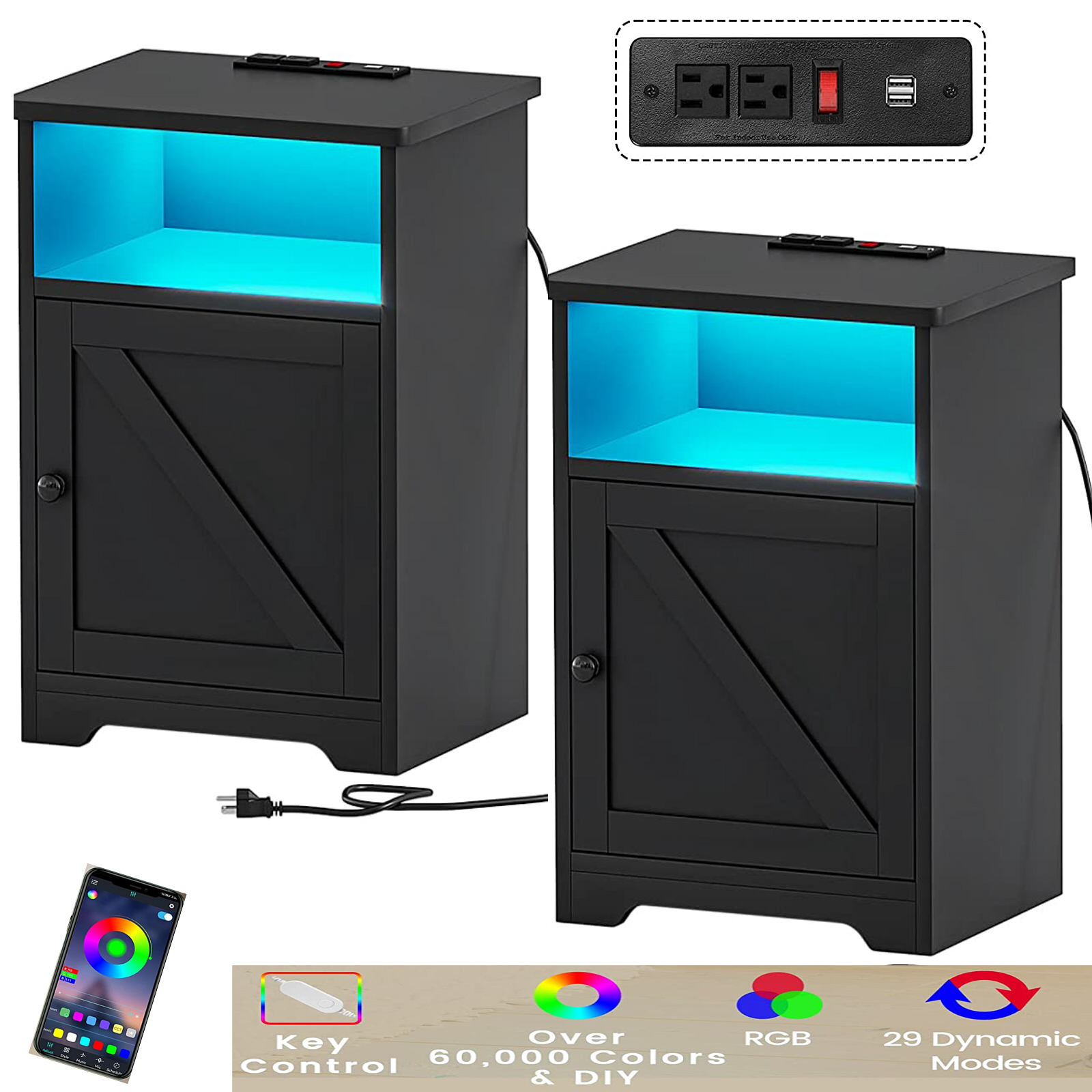 LED Nightstands Set of 2 with Outlets & USB Ports, Modern Bedside Table