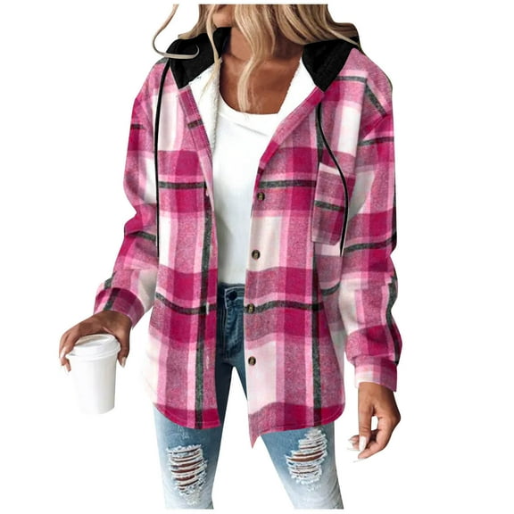 YUGYXL Womens Long Sleeve Button Down Plaid Shirts Flannel Hooded Shacket Jacket Hoodie Coats Hot Pink M