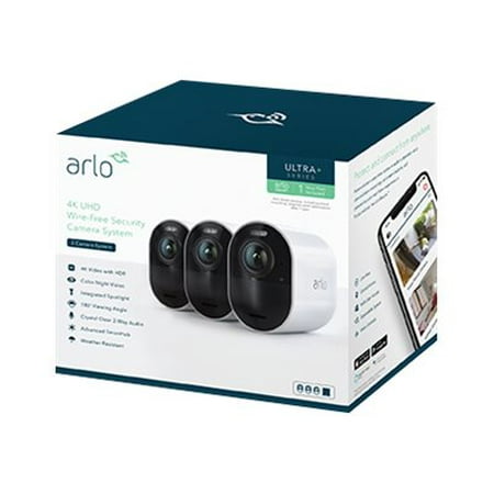 Arlo Ultra 4K HDR Security Camera System VMS5340 - 3 Wire-Free Rechargeable Battery Cameras with Color Night Vision, Auto-Zoom, Weather-Resistant, Smart Siren and One Year of Arlo