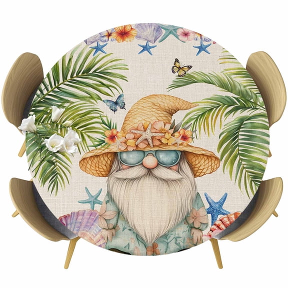Ocean Gnomes Round Tablecloth, Fitted Table Cover with Elastic for 36"-44" Round Tables, Coastal Shell Palm Leaf Shell Starfish Table Cloth Outdoor Indoor Dinning Party Waterproof Tablecloths