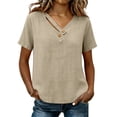 thumbnail image 2 of Paiwinds Women's Linen Blend V-Neck Short Sleeve Top with Button Detail - Loose Casual Summer Shirt in Beige, 2 of 9
