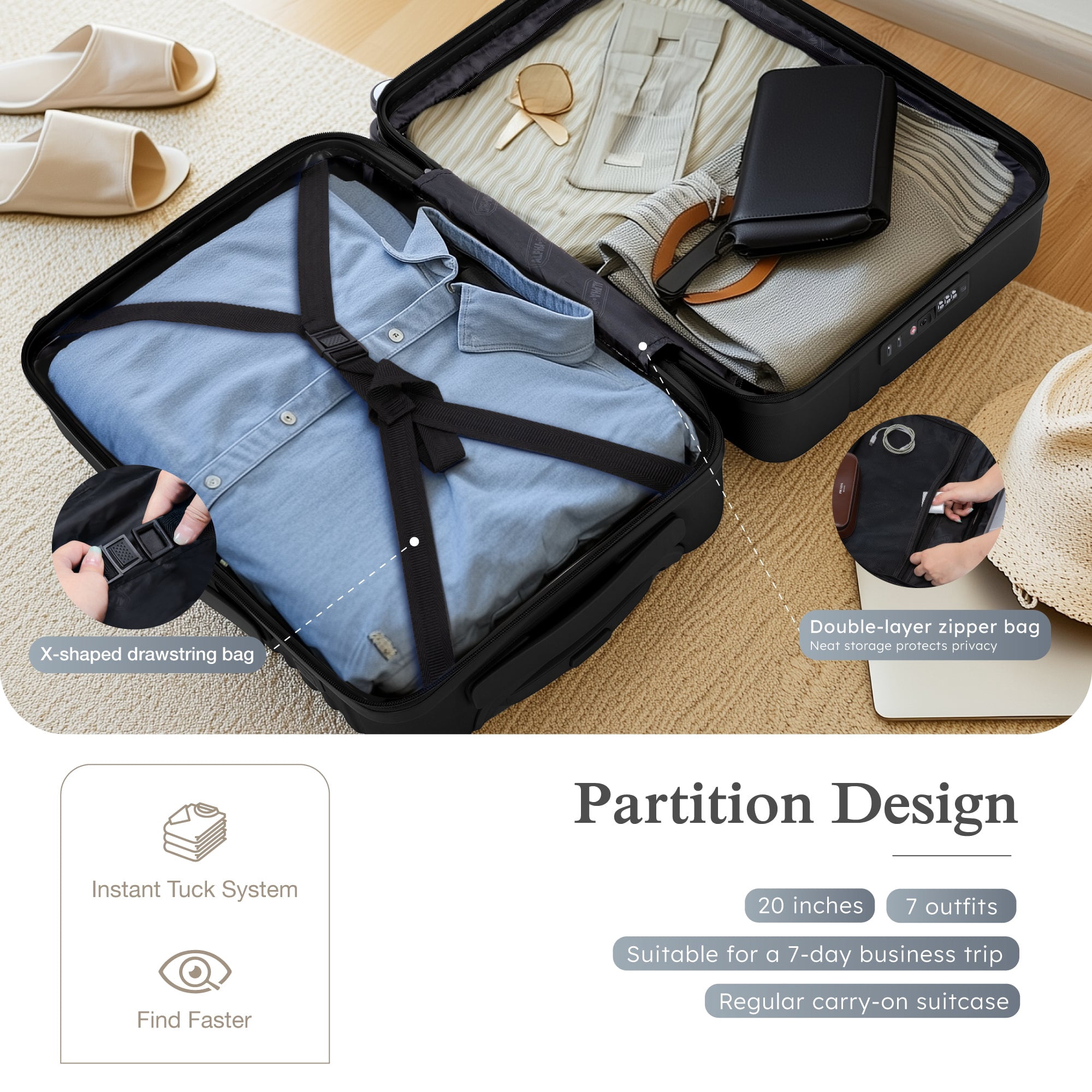 Alpha Joy Hard-shell ABS+PC Rolling Luggage 20" Carry-on Luggage with USB Port, Black