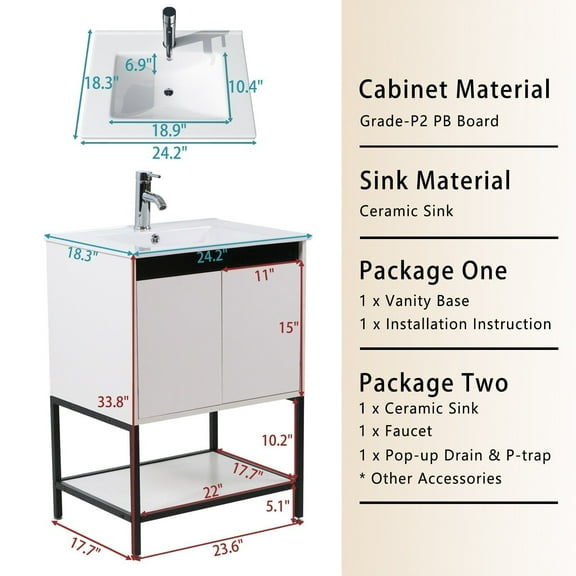 24" Bathroom Vanity with Sink Floor Stand Storage Cabinet Set & Faucet Combo