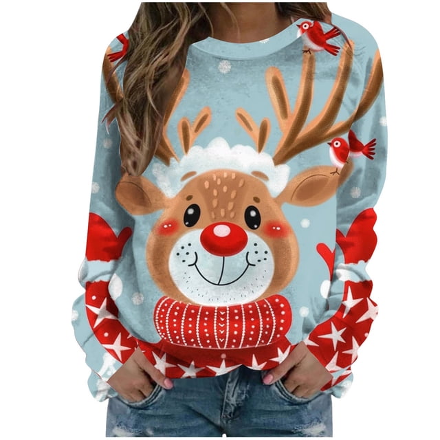 lcziwo Chandail en Molleton de Noël à Col Rond pour Femmes 2024 Automne Hiver Coupe Ample Chandails en Molleton Graphiques Élan Grande Taille Pulls Décontractés Rouge,m