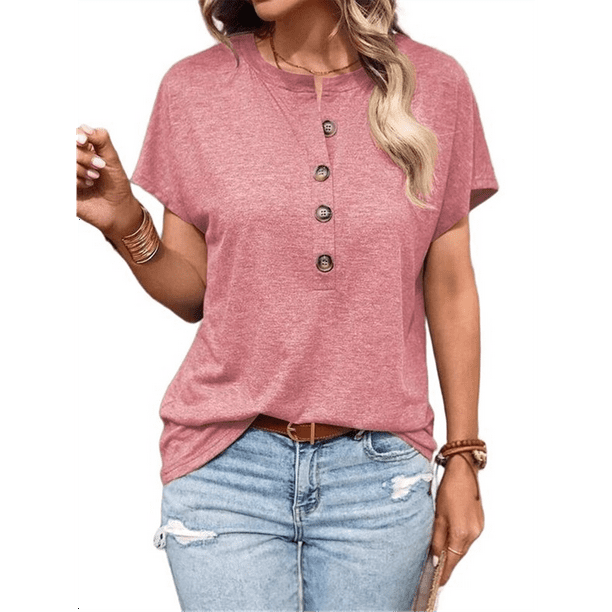 Tops Henley de Corta para Mujer, Cuello en V, Elegantes, Informales, Holgados, Rosa, Talla M