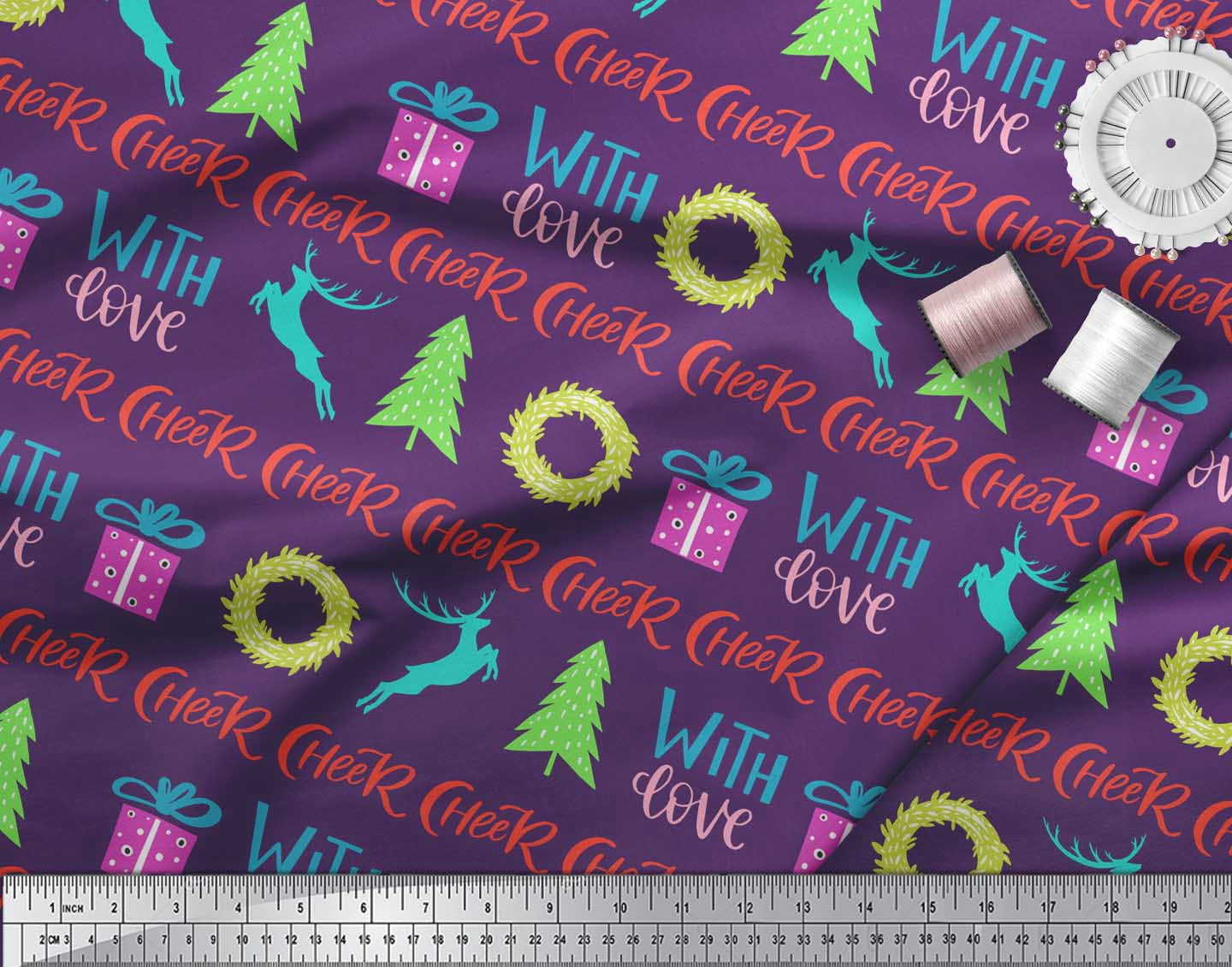 Soimoi Purple Cotton Voile Fabric Christmas Tree & Gift Text Printed Fabric 1 Yard 42 Inch Wide