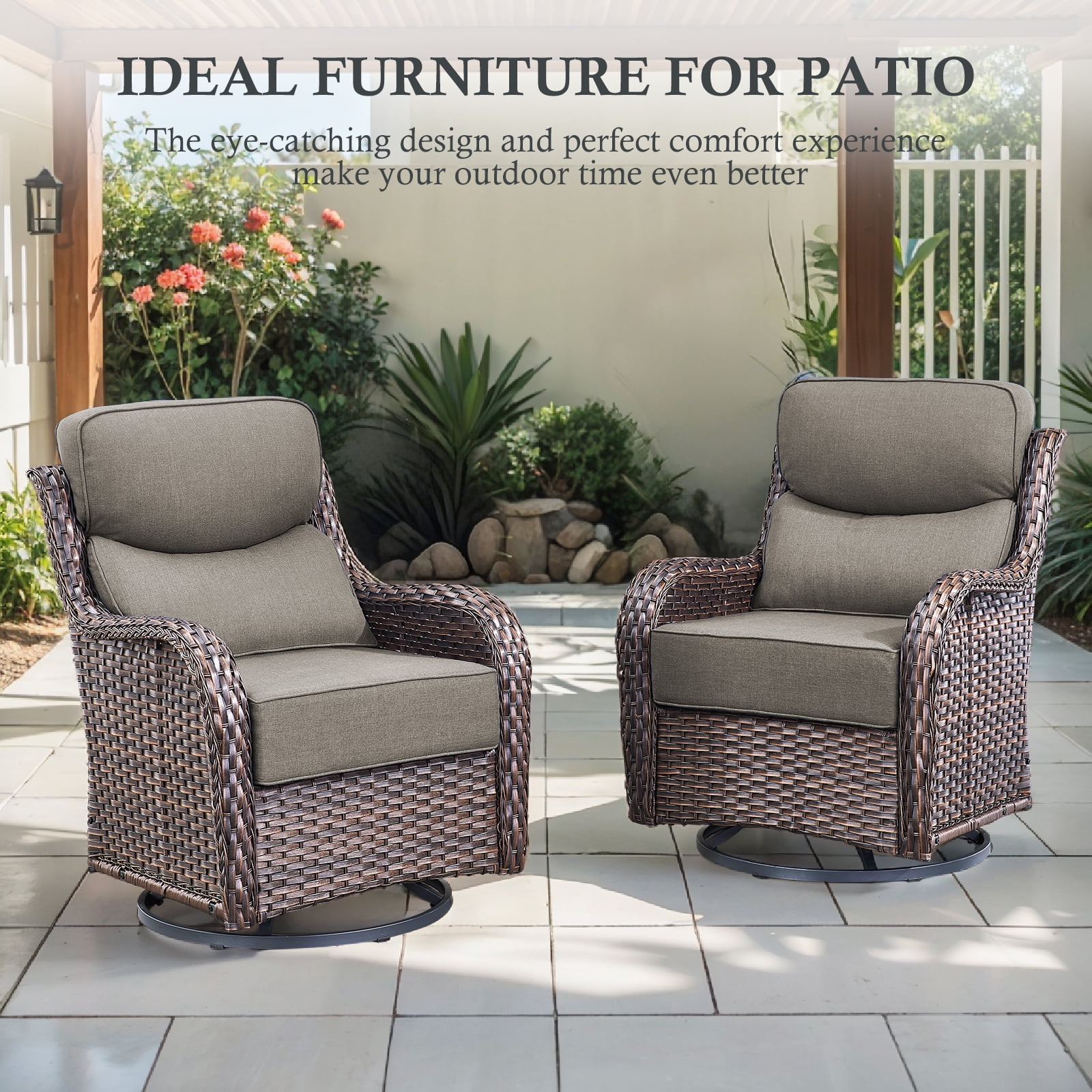 POCASSY Patio Furniture Set with 6-inch Extra Thick Cushion, 5 Pieces Outdoor Patio Furniture with Firepit Table, Swivel Chairs, and Sofa Couch, Outdoor Conversation Set for Porch Balcony