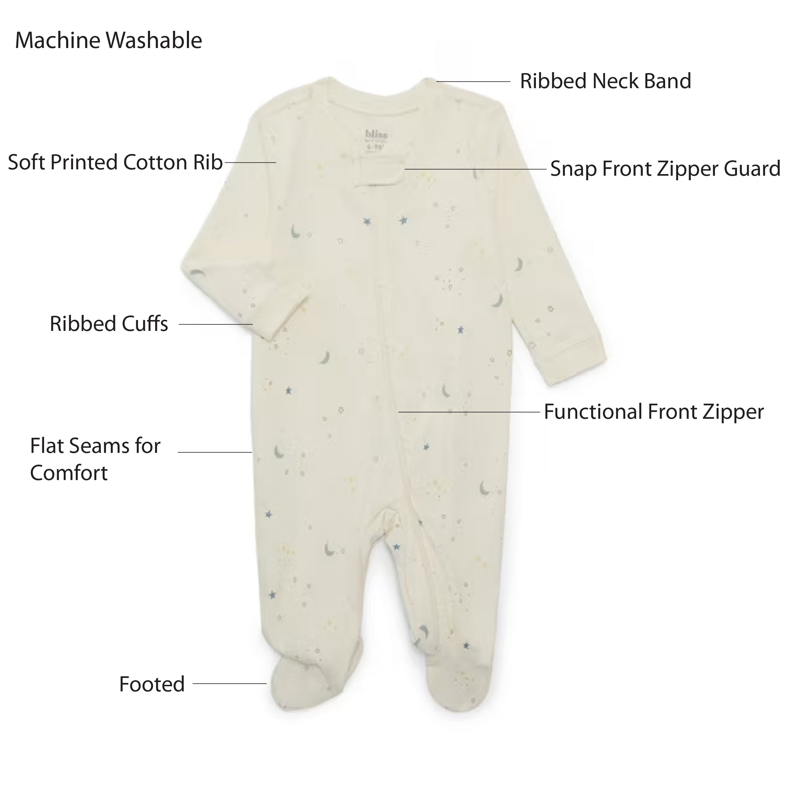 Bliss by Garanimals Baby Boys or Girls Cotton Layette One Piece Footed Sleeper Pajamas, Sizes Newborn-9 Months